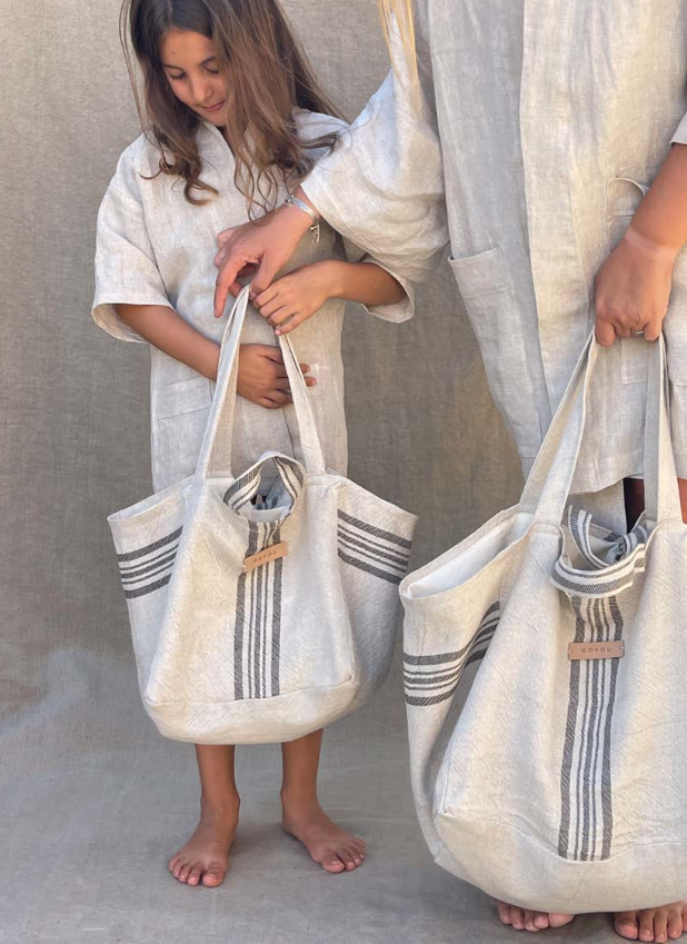 BLACK STRIPED BEACH TOTE- M