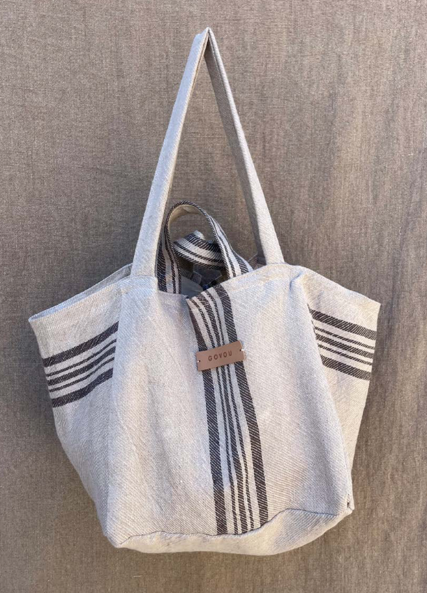 BLACK STRIPED BEACH TOTE- M