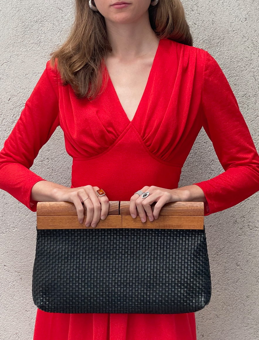 Vintage Leather & wood Clutch