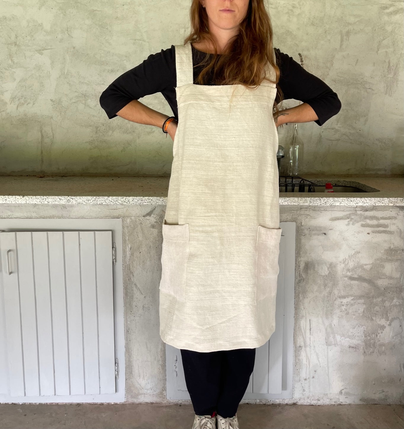 White hand stitched linen Apron