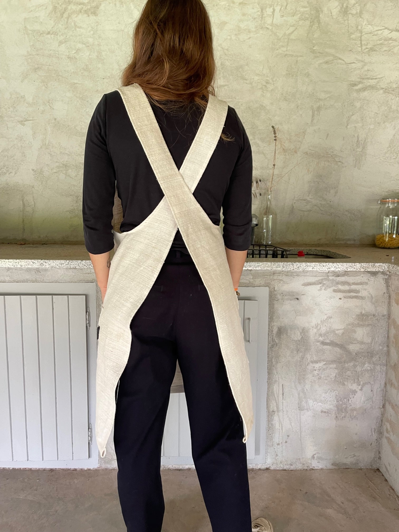 White hand stitched linen Apron