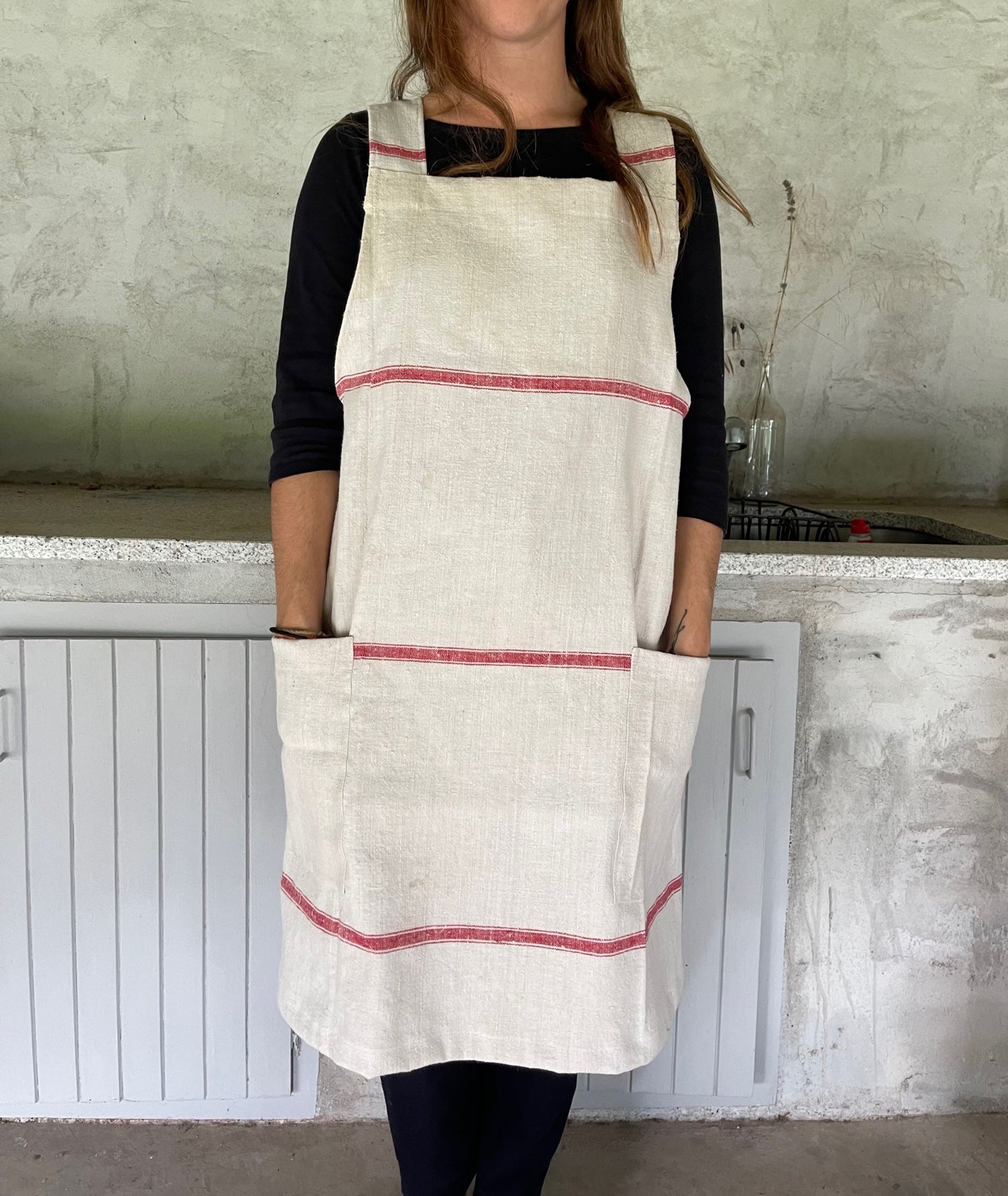 Red striped linen Apron
