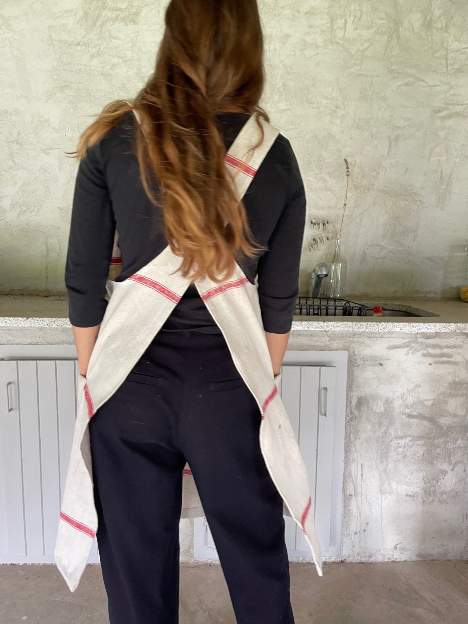 Red striped linen Apron