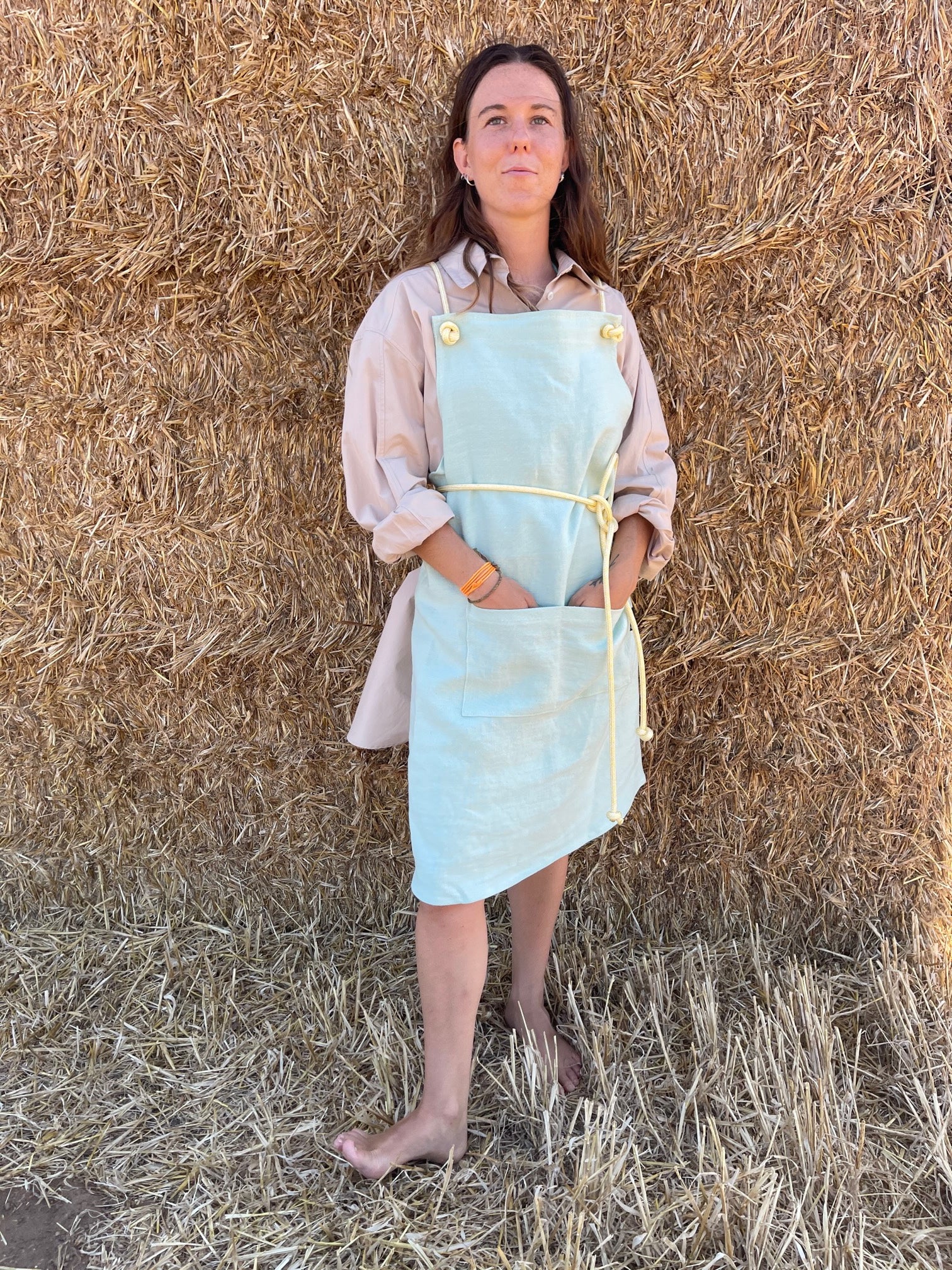 Green linen apron