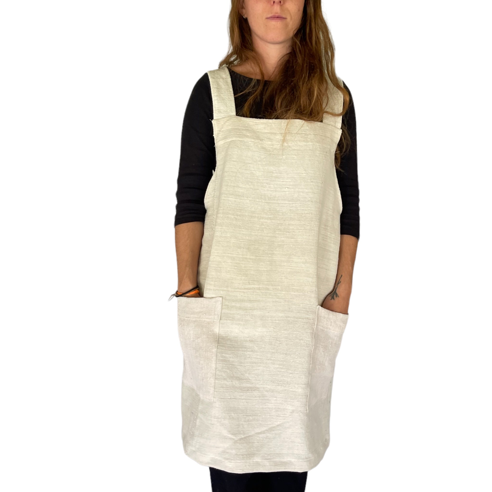 White hand stitched linen Apron