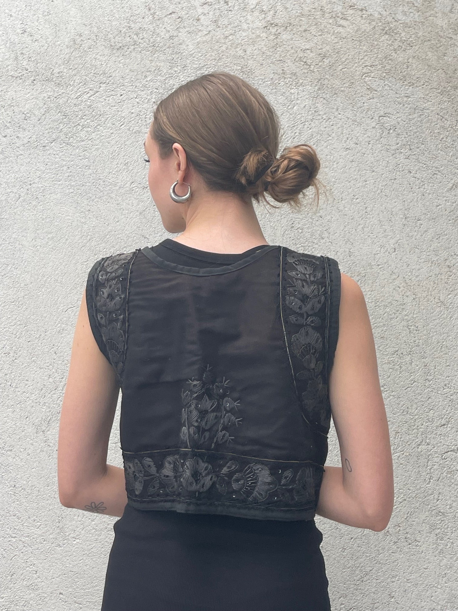 Vintage Black Hand Embroidered Cropped Vest