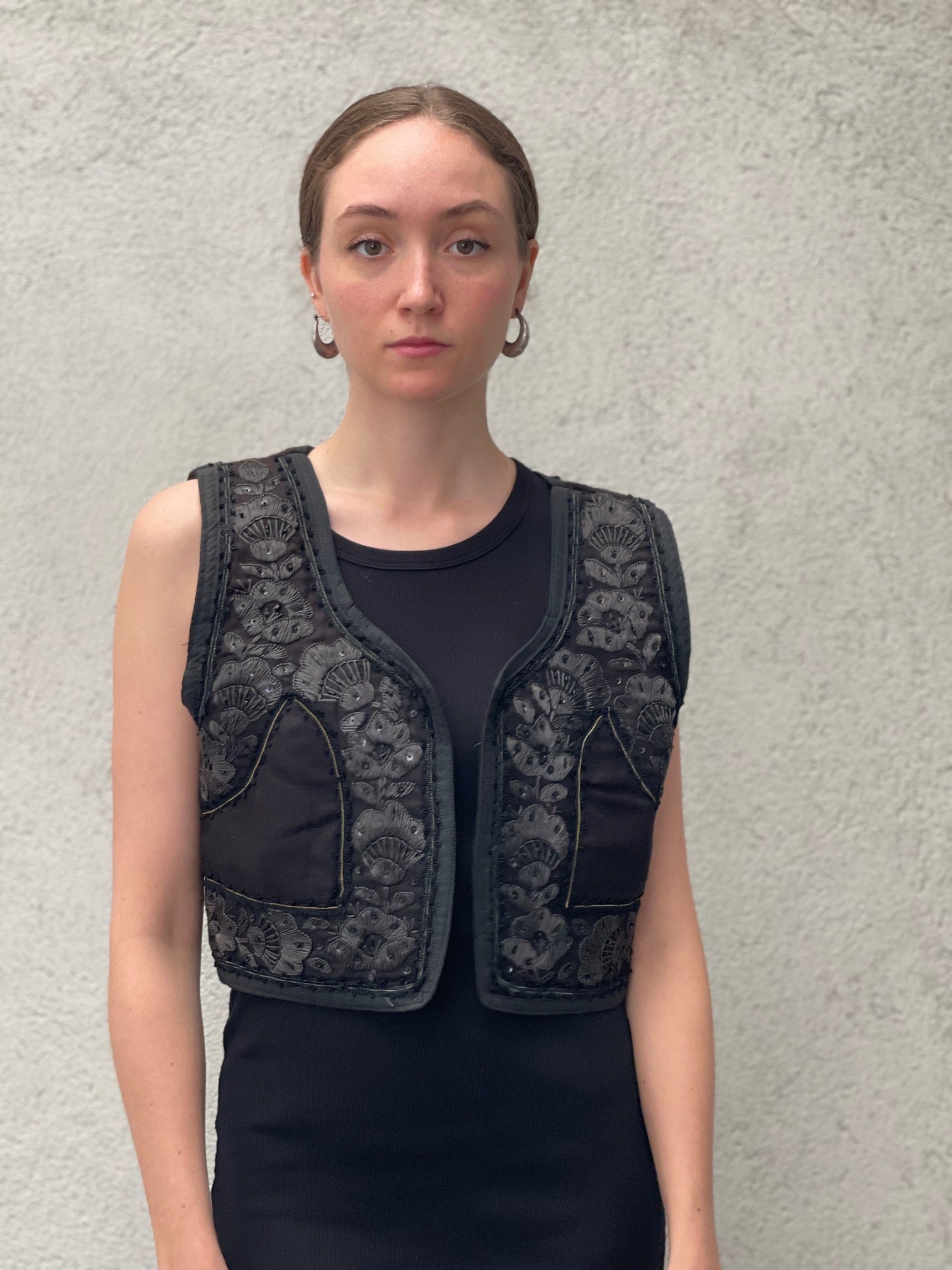 Vintage Black Hand Embroidered Cropped Vest