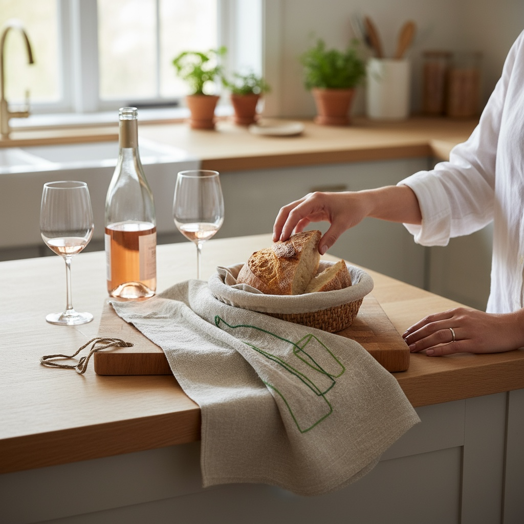 SET French Table Napkins with green bottel