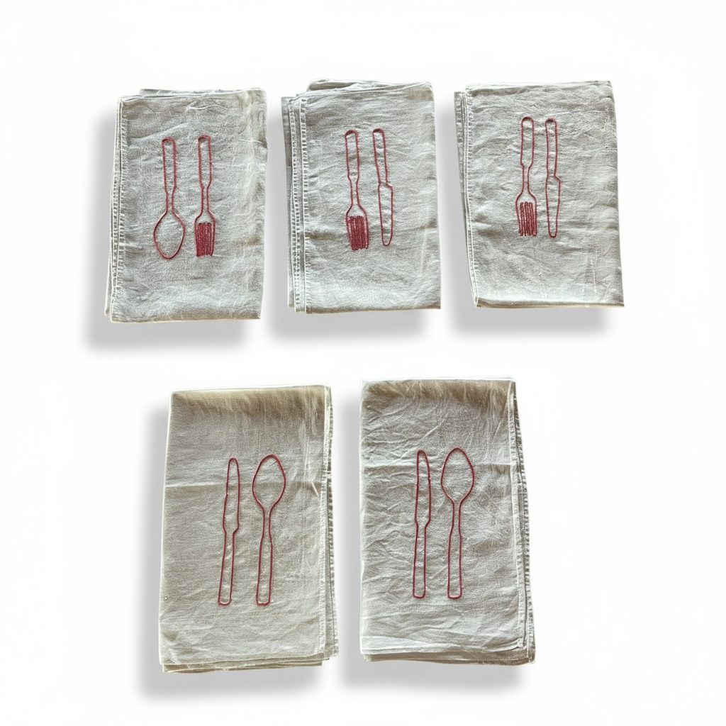 Set of French Table Napkin with red forks & spoons