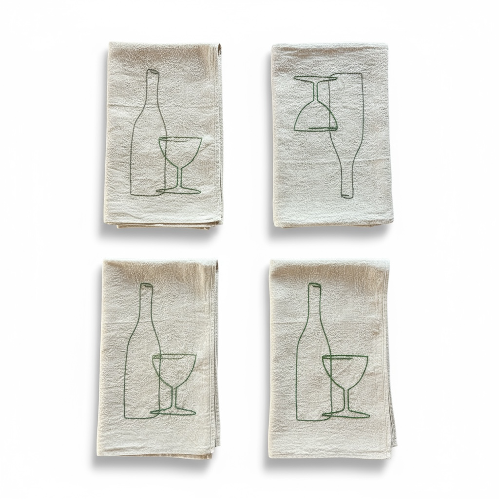 SET French Table Napkins with green embroidery