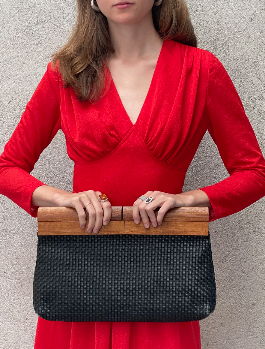 Vintage  Leather & wood Clutch